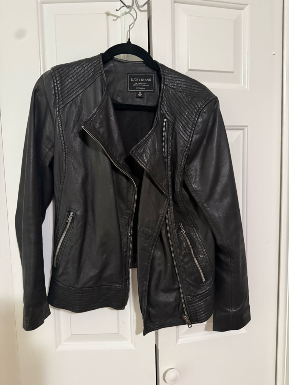 Lucky Brand Black Quilted-Detail Leather Moto Jacket